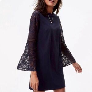 LOFT Shift Navy Mini Length Dress with Bell Lace Sleeves